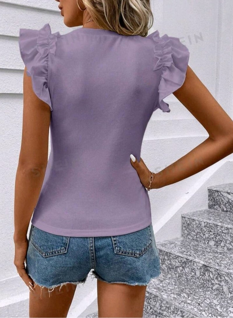 Shein Solid Color Round Neck Cap Sleeve Casual T-Shirt  - Image 4