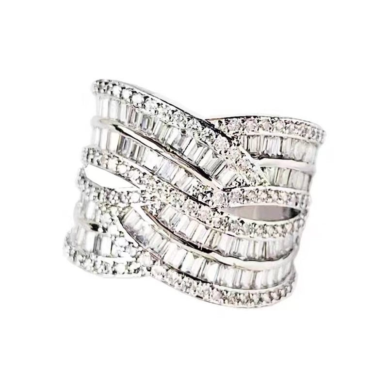 AZQ 925 Sterling Silver Shiny Full Diamond Ring 18K Gold Cocktail Rings Criss Cross Cubic Zirconia Promise Rings CZ Diamond Multi Row Ring Eternity Engagement Wedding Band Ring for Women Z.32 (US Code 9) - Image 3