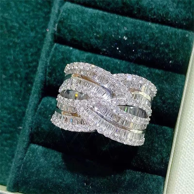 AZQ 925 Sterling Silver Shiny Full Diamond Ring 18K Gold Cocktail Rings Criss Cross Cubic Zirconia Promise Rings CZ Diamond Multi Row Ring Eternity Engagement Wedding Band Ring for Women Z.32 (US Code 9) - Image 1