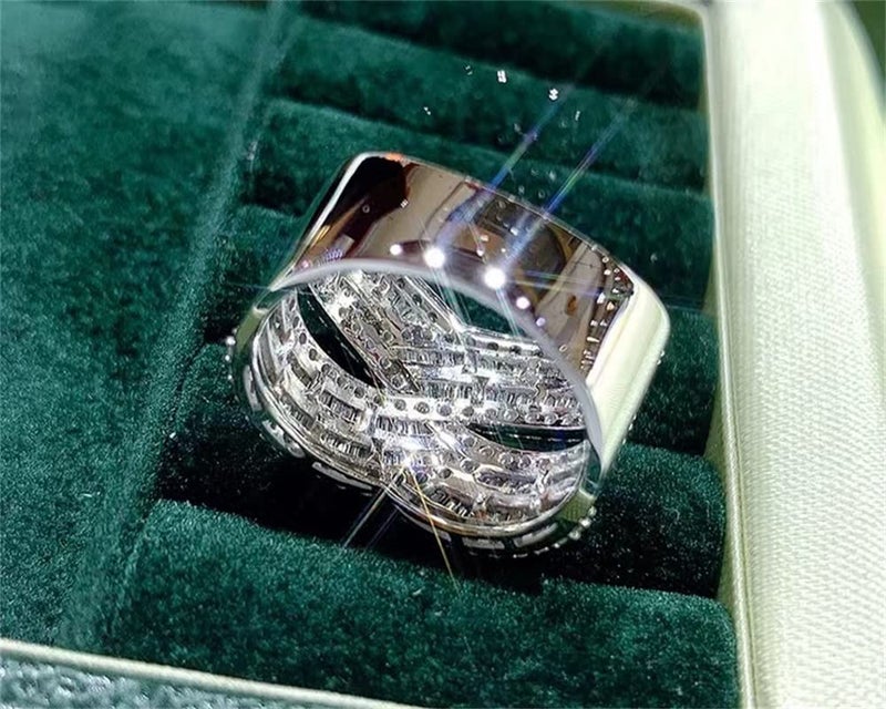 AZQ 925 Sterling Silver Shiny Full Diamond Ring 18K Gold Cocktail Rings Criss Cross Cubic Zirconia Promise Rings CZ Diamond Multi Row Ring Eternity Engagement Wedding Band Ring for Women Z.32 (US Code 9) - Image 2