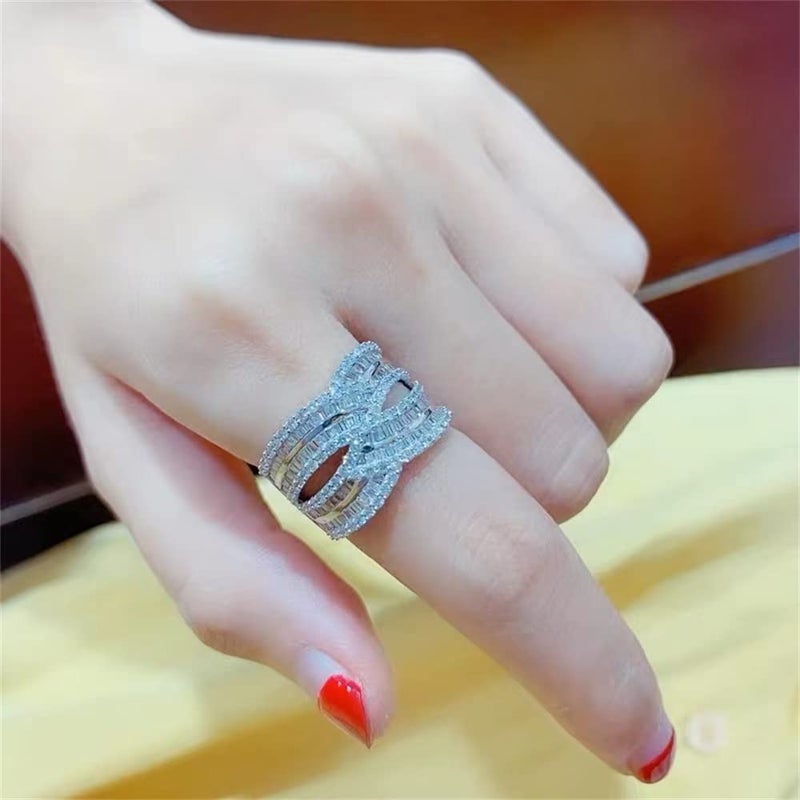 AZQ 925 Sterling Silver Shiny Full Diamond Ring 18K Gold Cocktail Rings Criss Cross Cubic Zirconia Promise Rings CZ Diamond Multi Row Ring Eternity Engagement Wedding Band Ring for Women Z.32 (US Code 9) - Image 4