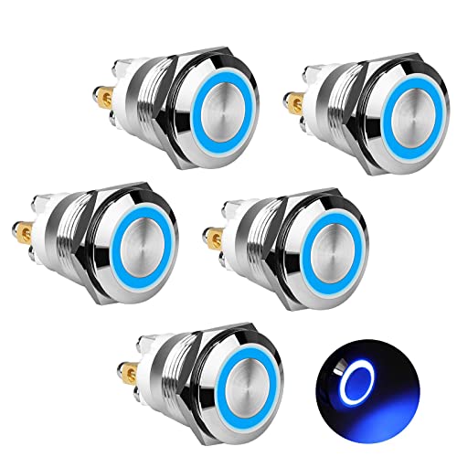 Linkstyle 19mm Momentary Push Button Switch, 12V Waterproof SPST Metal Switch with Blue LED Light for Car Marine Boat, 5Pcs - Image 1