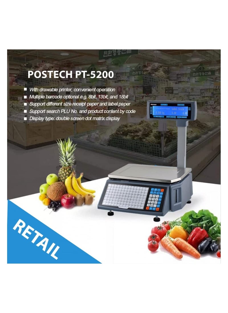 POSTECH - POSTECH [PT-5200-01] Weighing Scale With Label Printer | Used In Supermarket | Vegetable Shop | Grocery Shop | Hypermarket | Fresh Food Company | Bakery Shop | FMCG Company | Retail Store (PT5200-LAN) - Image 1