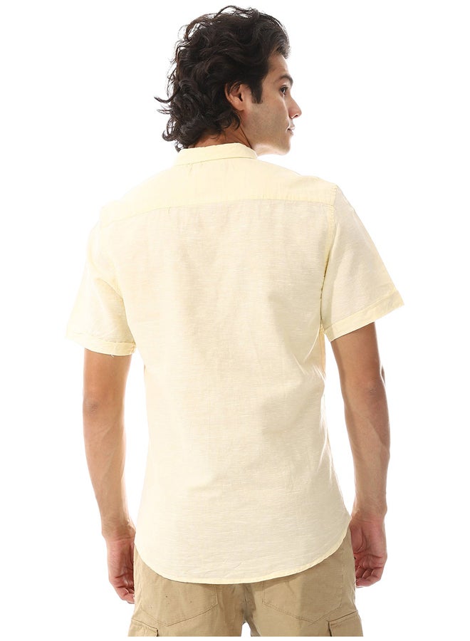 Andora Solid Linen Short Sleeve Oxford Shirt _ Yellow - Image 5