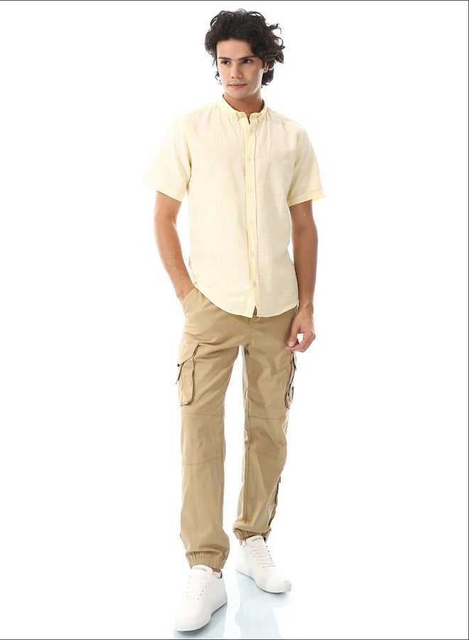 Andora Solid Linen Short Sleeve Oxford Shirt _ Yellow - Image 1