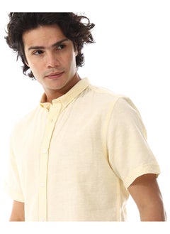 Andora Solid Linen Short Sleeve Oxford Shirt _ Yellow  - Image 3