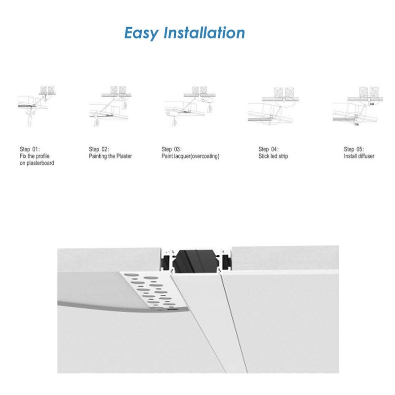 Besseto Plaster-in LED Aluminum Channel 6Pack 1m/3.3ft Plaster LED Strip Light Diffuser Profile,Trimless Drywall Aluminum LED Channel Profile with Milky Diffuser Cover End Cap for Wall and Ceiling - Image 4