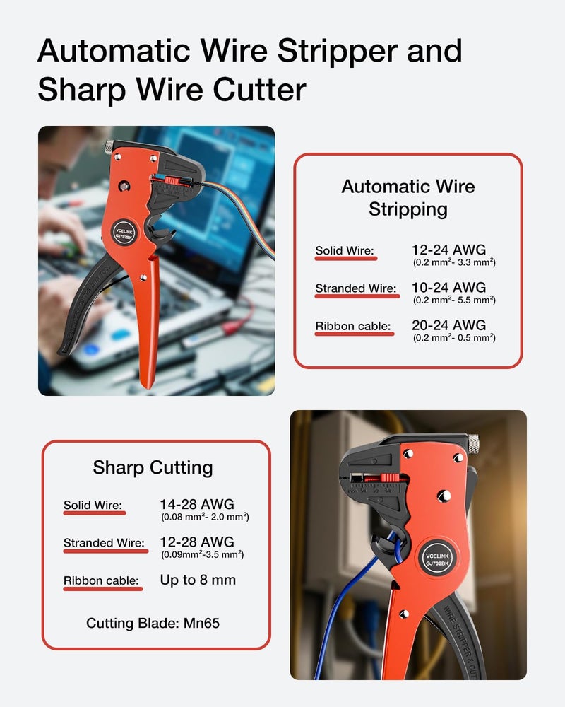 VCELINK Automatic Quickstrip Wire Stripper and Cutter, Professional Quick Strip Wire Stripper, 2 in 1 Adjustable Electrical Cable Wire Stripping Tool&Eagle Nose Self-Adjusting Wire Pliers, Black - Image 2