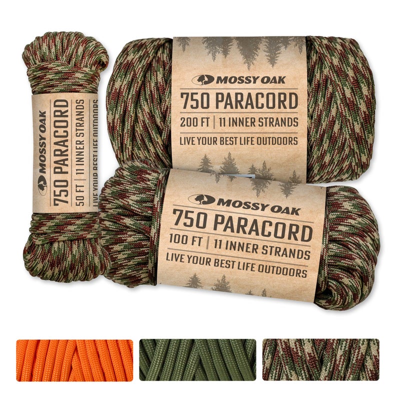Mossy Oak Paracord 750 – Heavy Duty Nylon Paracord – Survival Rope, Ideal for Camping, Hunting, Fishing, Crafting & DIY Use – Thin Parachute Cord - 4mm Diameter - 50 feet Length - Camo - Image 1