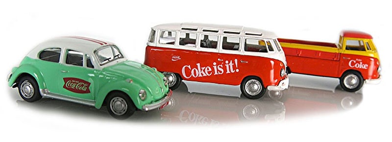 Coca-Cola Motor City Classics 1:72 VW Gift Set Beetle T1 Pickup Samba Bus - Image 1