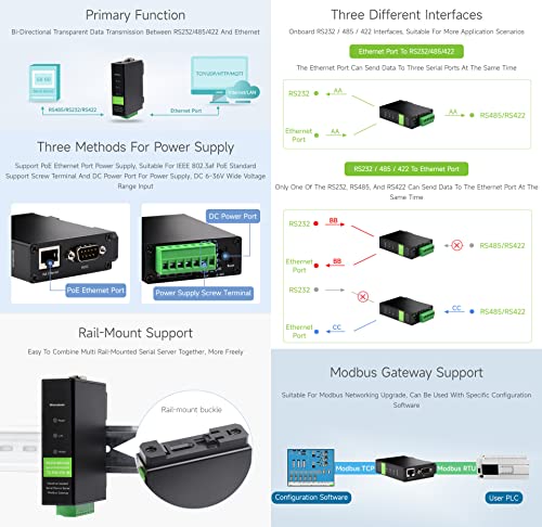 Waveshare وحدة Waveshare RS232/485/422 إلى RJ45 إيثرنت، TCP/IP إلى تسلسلي، مع وظيفة POE، نقل شفاف ثنائي الاتجاه، مناسبة لجمع البيانات، مراقبة الأجهزة الذكية، إلخ - Image 3