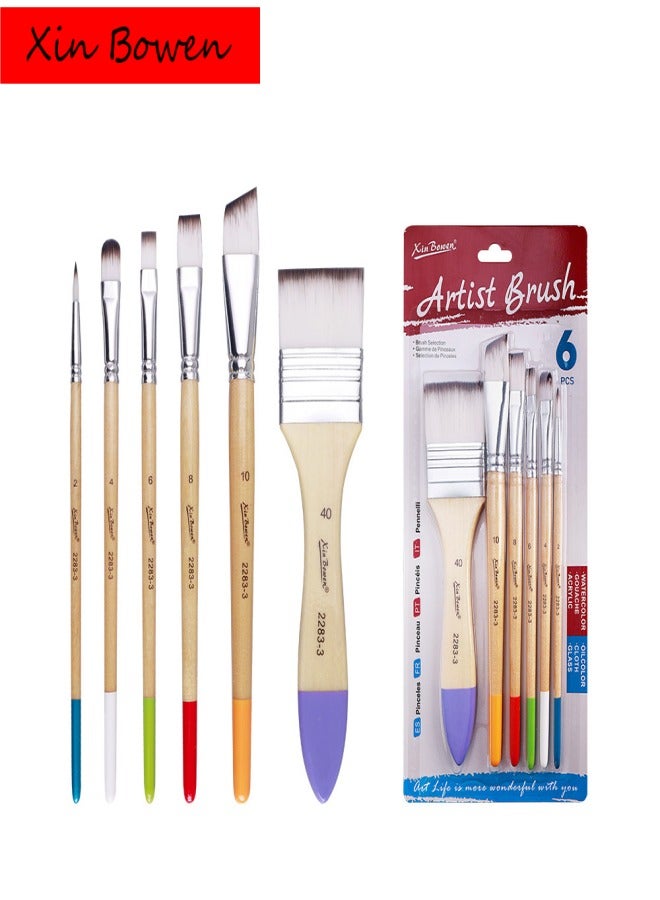 Xinbowen 6-Piece Nylon Hair Paint Brush Set - Ideal for Watercolor, Acrylic, and Oil Painting - Image 1