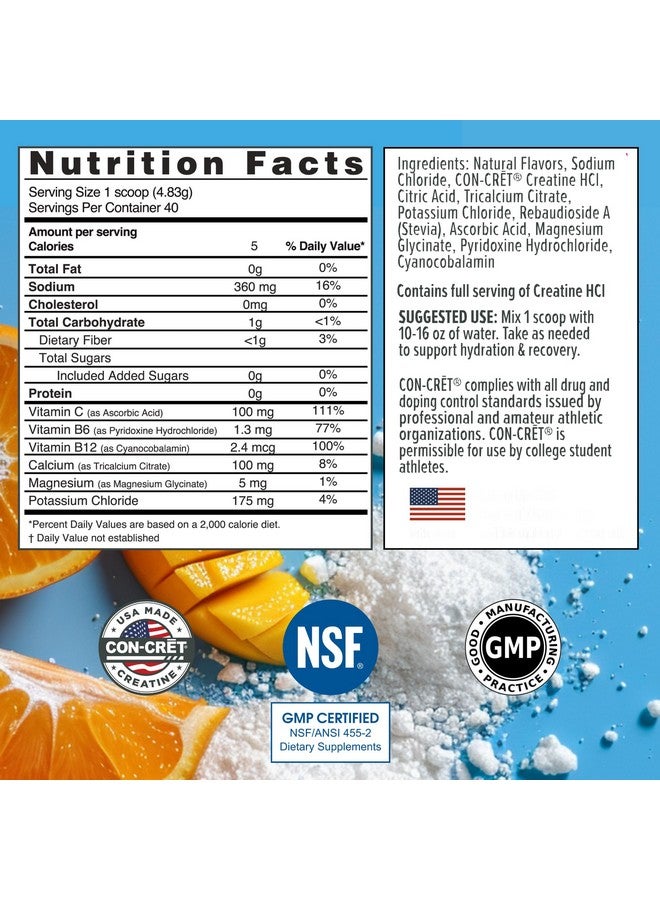 CON-CRET Creatine HCl + Hydration | Electrolyte Powder Tub | Citrus Mango | Sugar Free Electrolytes | Rehydration Formula w Potassium, Sodium, Zinc, Magnesium to Hydrate & Recover (40 serv) - Image 2