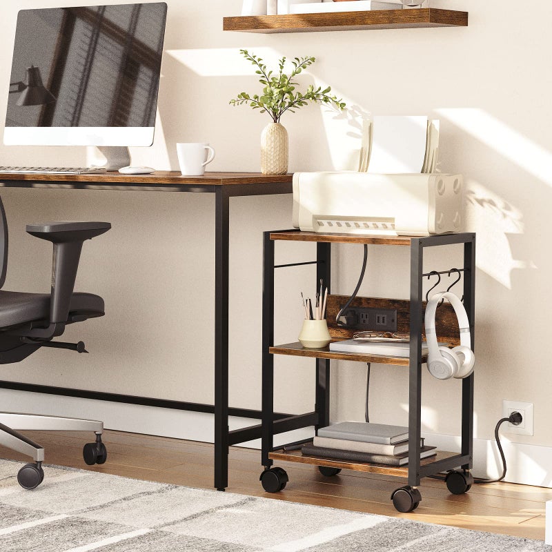 MAHANCRIS Industrial Printer Cart, 3-Tier Mobile Printer Stand, Rolling Cart with Power Outlets and USB Ports, Home Printer Stand with 2 Hooks, for Office, Living Room, Rustic Brown PTHR40E01Z - Image 2