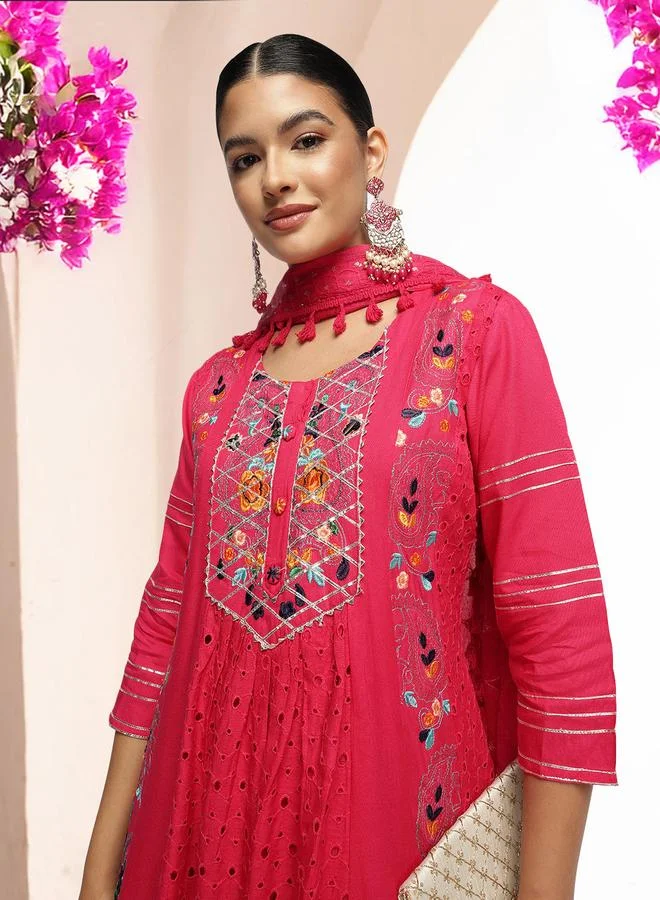 ISHIN Women's Pink Viscose Rayon Printed Tunic Top With Ankle Palazzo Flared 3 Peice Kurta Set