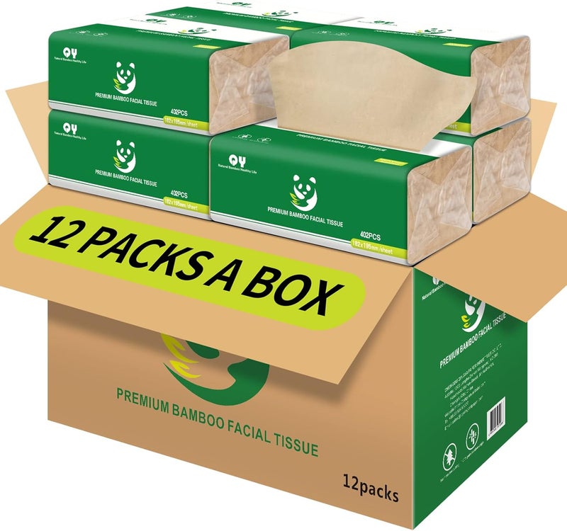 QINGYA Soft Durable Bamboo Facial Tissues - 3 Ply Natural Facial Tissue Multi-Purpose Bamboo Paper Unscented Dry Or Wet Use Suitable for Bathroom,Kitchen,Home,Office 12 Packs - Image 1