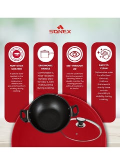 SONEX Sonex Cooking Wok With Glass Lid 36 cm & 7 Ltr Capacity High Quality Aluminium , Non-Stick Coating & Bakelite Heat Resistant Handle, Durable, Long Lasting Construction, Even Heating, Easy to Clean  - Image 5