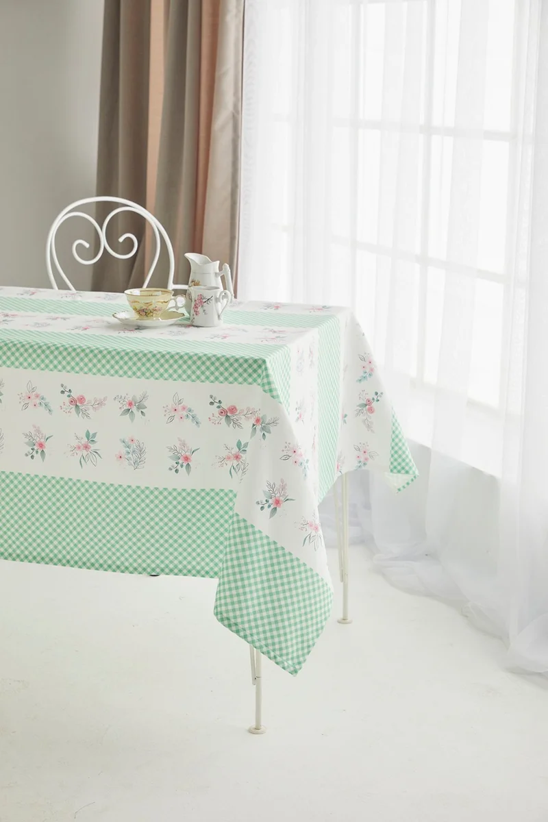 ايس هوم Green Gingham Floral Pattern Fabric Dining Table Cloth