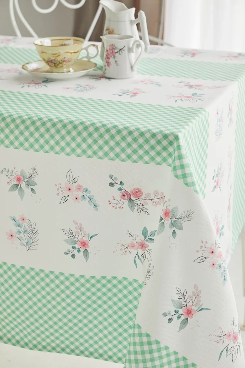 ايس هوم Green Gingham Floral Pattern Fabric Dining Table Cloth