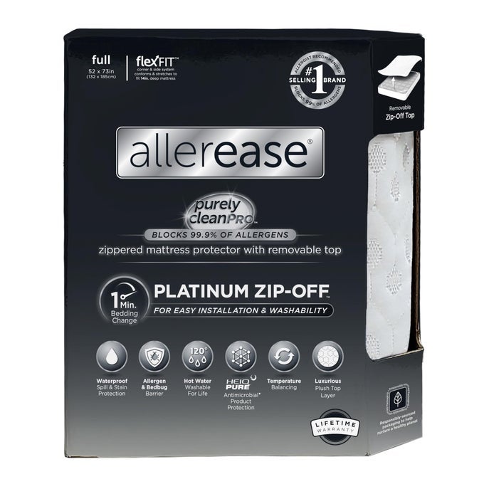 ALLEREASE PLATINUM ZIPOFF TOP WATERPROOF MATTRESS PROTECTOR FULL SIZE 360 DEGREE ZIPPER ALLERGEN BARRIER TEMPERATURE BALANCING LUXURIOUS PLUSH TOP SEPARATELY MACHINE WASHABLE MATTRESS COVER WHITE