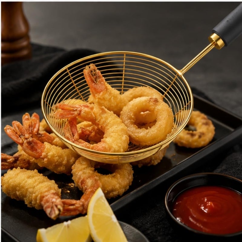 Multi-Purpose 16cm Stainless Steel Skimmer Spoon | Premium Gold Strainer with Ergonomic Insulated Handle | Medium Kitchen Wire Colander for Boiling Dumplings, Blanching Veggies & Everyday Frying - Image 1