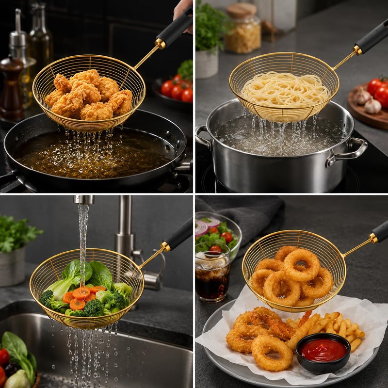 Multi-Purpose 16cm Stainless Steel Skimmer Spoon | Premium Gold Strainer with Ergonomic Insulated Handle | Medium Kitchen Wire Colander for Boiling Dumplings, Blanching Veggies & Everyday Frying - Image 3