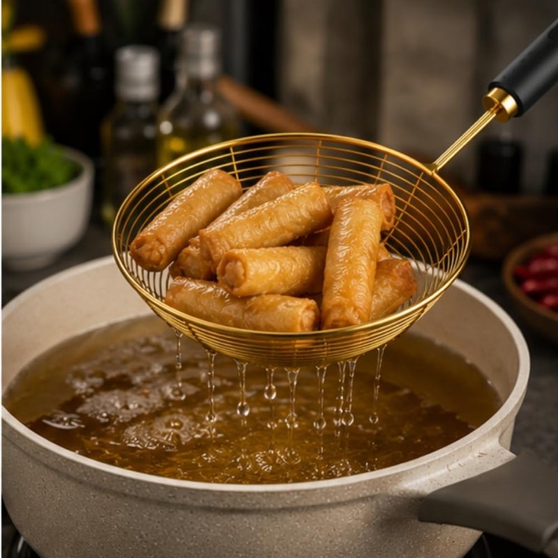 Multi-Purpose 16cm Stainless Steel Skimmer Spoon | Premium Gold Strainer with Ergonomic Insulated Handle | Medium Kitchen Wire Colander for Boiling Dumplings, Blanching Veggies & Everyday Frying - Image 2