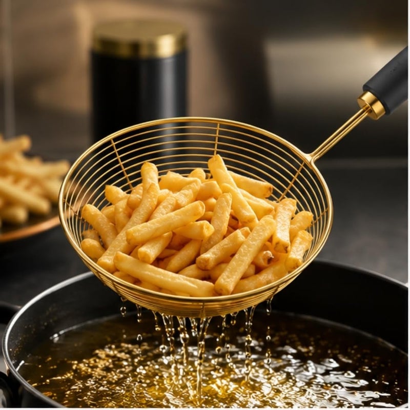 Multi-Purpose 16cm Stainless Steel Skimmer Spoon | Premium Gold Strainer with Ergonomic Insulated Handle | Medium Kitchen Wire Colander for Boiling Dumplings, Blanching Veggies & Everyday Frying - Image 5