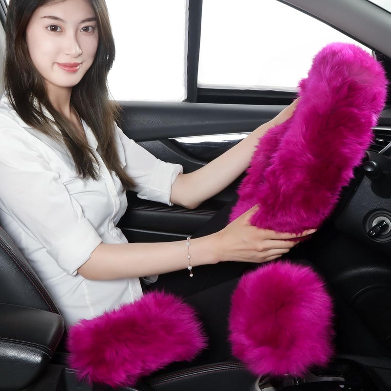 Sheepskin Steering Wheel Cover: 3-Piece Set - Genuine Australian Merino Wool Cozy Year-Round Comfort, Fluffy Plush Texture Rose Red - Secure Elastic Fit 14.5 To 15.5 Inches For Car Interior Upgrade, D - Image 3