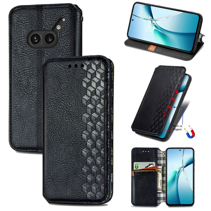 HuHa Case Cover For Nothing Phone 2a Plus Cubic Grid Pressed Magnetic Leather Phone Case(Black) - Image 1