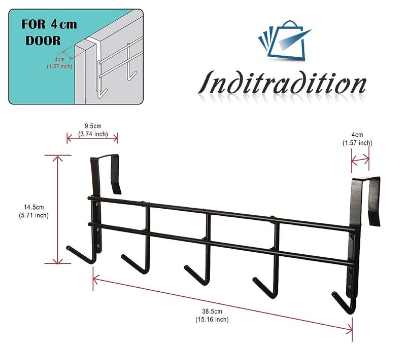 Inditradition Multipurpose Hanging Metal Hook Rack Over The Door Hanging Storage Organizer 39cm Black - Image 3