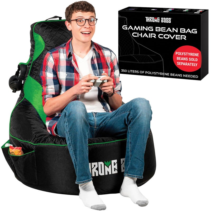 Throne Boss Gaming Bean Bag Chair Cover for Adults with High Back Green Large Floor Gaming Chair Cover Easy to Clean Fabric Large Pockets Headphone Hanger Requires 350 Liters Polystyrene Beans
