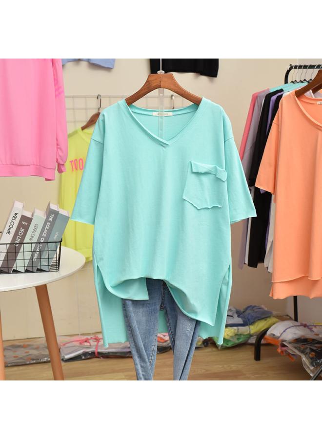 Song Feng Ya Pure Cotton Loose Mid-length Solid Color Pocket V-neck Short-sleeved T-shirt For Summer Women 