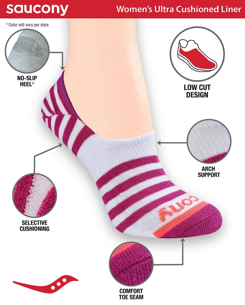Saucony Women's Performance 8, 16 Pairs No Show Cushioned Invisible Liner Socks, S-L, Berry (8 Pairs), Large - Image 2