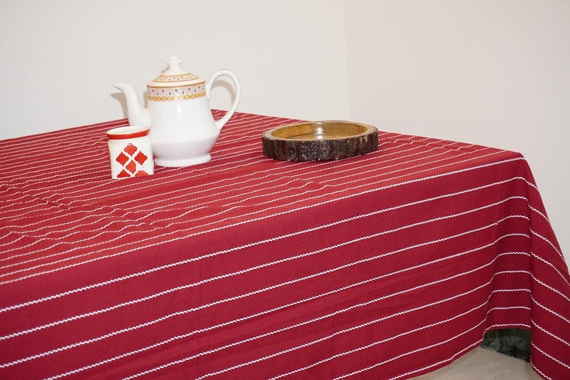 CRAZYWEAVES Cotton Table Cloth 4 Seater Dinning Table Cover Rectangular 100% Cotton Table Cover in Burgandy Dobby Stripes with Hemmed Edges Washable Table Cloth Size 48"x62" - Image 4