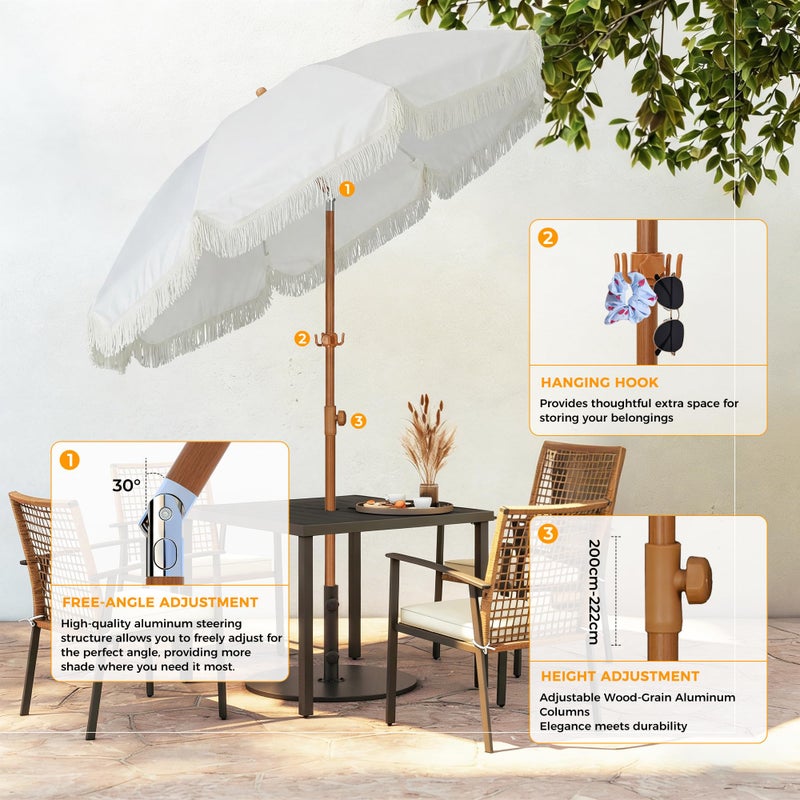HOMEDEMO مظلة باتيو بوهيمية HOMEDEMO بطول 6.5 قدم مع حواف، مظلة خارجية بتصميم تسريحة مع حماية من الشمس UPF50+ وزاوية ميل بزر ضغط، عمود ألمنيوم فاخر وأضلاع من الألياف الزجاجية، تشمل خطاف للتعليق، كريم - Image 4