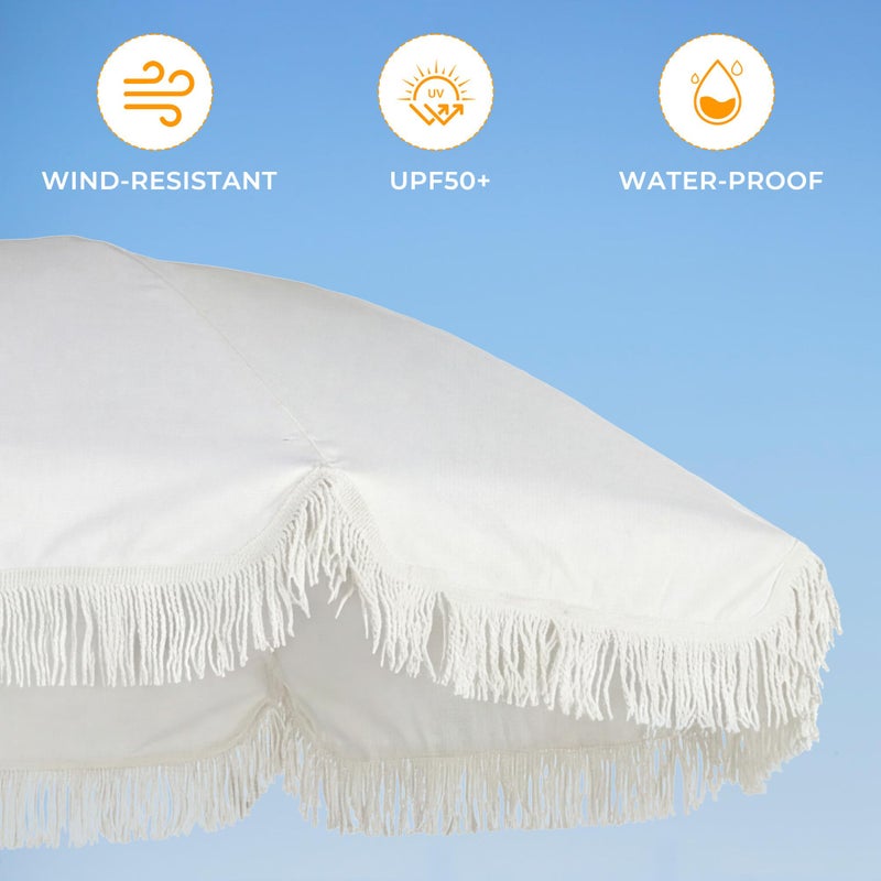 HOMEDEMO مظلة باتيو بوهيمية HOMEDEMO بطول 6.5 قدم مع حواف، مظلة خارجية بتصميم تسريحة مع حماية من الشمس UPF50+ وزاوية ميل بزر ضغط، عمود ألمنيوم فاخر وأضلاع من الألياف الزجاجية، تشمل خطاف للتعليق، كريم - Image 3