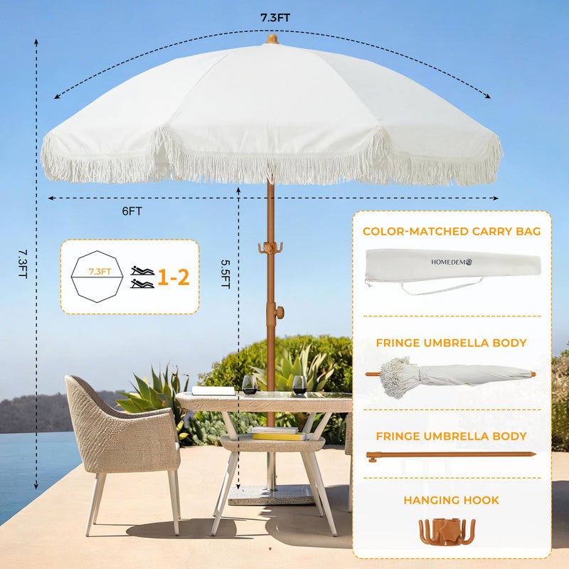 HOMEDEMO مظلة باتيو بوهيمية HOMEDEMO بطول 6.5 قدم مع حواف، مظلة خارجية بتصميم تسريحة مع حماية من الشمس UPF50+ وزاوية ميل بزر ضغط، عمود ألمنيوم فاخر وأضلاع من الألياف الزجاجية، تشمل خطاف للتعليق، كريم - Image 2