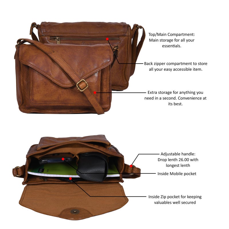 Ozora Leather Flapover Crossbody Handbag Purse for Women with Adjustable Strap & Overflap Snap Closure Tote/Bag (Tan wash) - Image 3