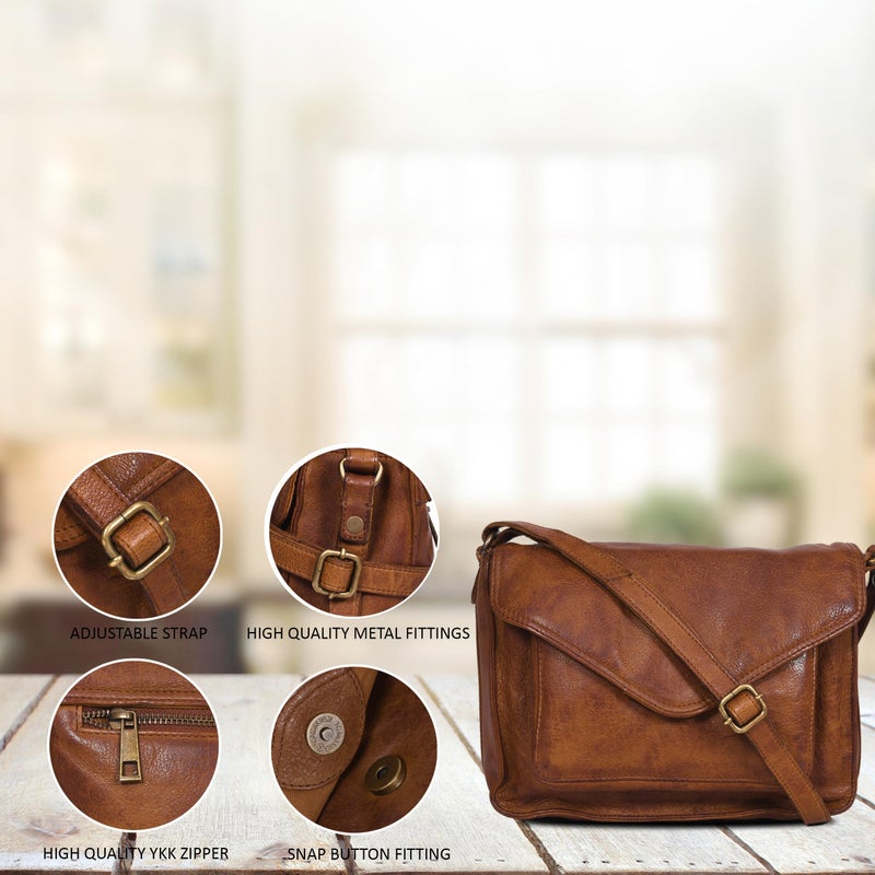 Ozora Leather Flapover Crossbody Handbag Purse for Women with Adjustable Strap & Overflap Snap Closure Tote/Bag (Tan wash) - Image 5