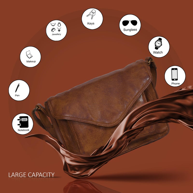 Ozora Leather Flapover Crossbody Handbag Purse for Women with Adjustable Strap & Overflap Snap Closure Tote/Bag (Tan wash) - Image 4