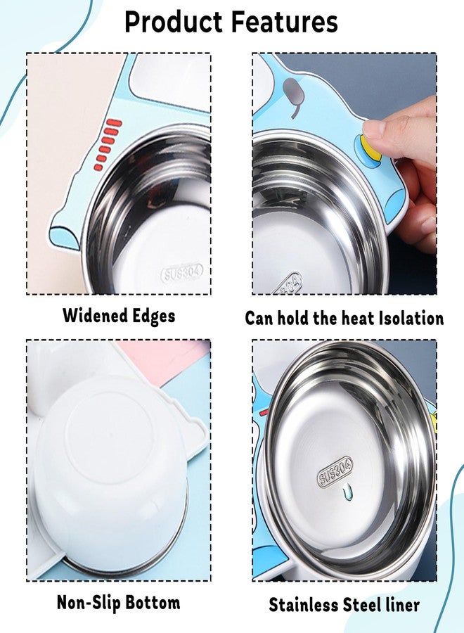 بيمبيكا طبق تغذية أطفال من الفولاذ المقاوم للصدأ من بيمبيكا؟ طقم أدوات مائدة للأطفال متين وغير سام وصغير الحجم مع أدوات آمنة للأيدي الصغيرة، سهل التنظيف، طقم عشاء مثالي للأطفال - (تصميم سيارة زرقاء) - Image 4