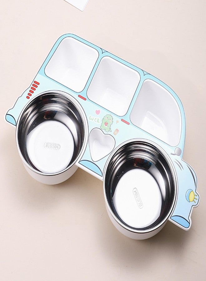 بيمبيكا طبق تغذية أطفال من الفولاذ المقاوم للصدأ من بيمبيكا؟ طقم أدوات مائدة للأطفال متين وغير سام وصغير الحجم مع أدوات آمنة للأيدي الصغيرة، سهل التنظيف، طقم عشاء مثالي للأطفال - (تصميم سيارة زرقاء) - Image 1