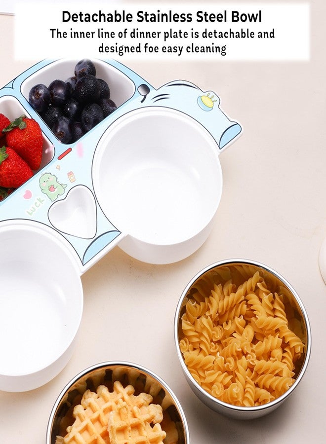 بيمبيكا طبق تغذية أطفال من الفولاذ المقاوم للصدأ من بيمبيكا؟ طقم أدوات مائدة للأطفال متين وغير سام وصغير الحجم مع أدوات آمنة للأيدي الصغيرة، سهل التنظيف، طقم عشاء مثالي للأطفال - (تصميم سيارة زرقاء) - Image 5