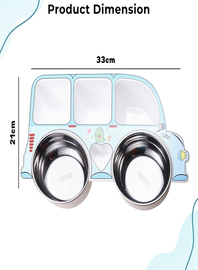 بيمبيكا طبق تغذية أطفال من الفولاذ المقاوم للصدأ من بيمبيكا؟ طقم أدوات مائدة للأطفال متين وغير سام وصغير الحجم مع أدوات آمنة للأيدي الصغيرة، سهل التنظيف، طقم عشاء مثالي للأطفال - (تصميم سيارة زرقاء) - Image 3