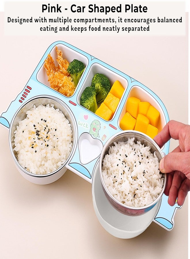 بيمبيكا طبق تغذية أطفال من الفولاذ المقاوم للصدأ من بيمبيكا؟ طقم أدوات مائدة للأطفال متين وغير سام وصغير الحجم مع أدوات آمنة للأيدي الصغيرة، سهل التنظيف، طقم عشاء مثالي للأطفال - (تصميم سيارة زرقاء) - Image 2