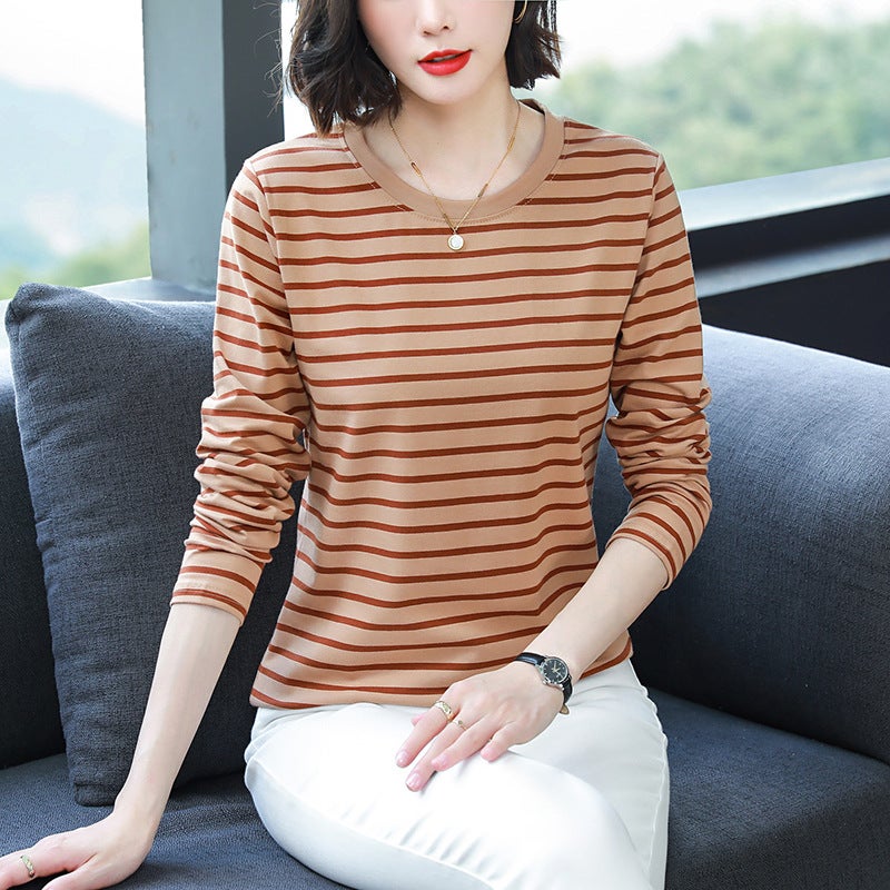 chubby girl plus size Loose Cotton Long-sleeved T-shirt Women's Middle-aged and Elderly Mother's Autumn Clothes Striped Base Shirt Top - Image 2