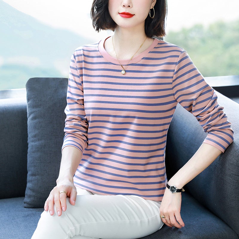 chubby girl plus size Loose Cotton Long-sleeved T-shirt Women's Middle-aged and Elderly Mother's Autumn Clothes Striped Base Shirt Top - Image 1
