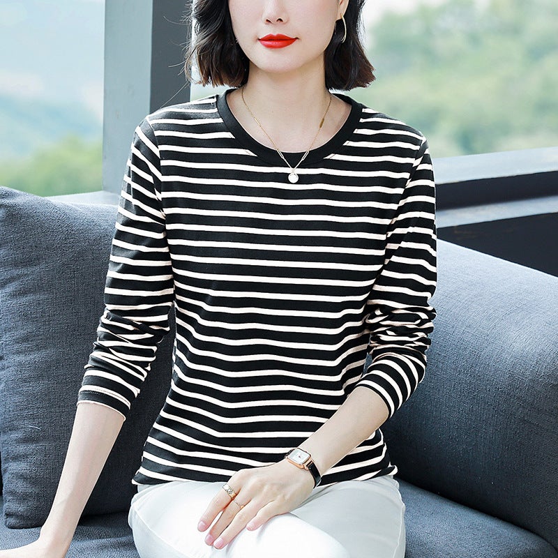 chubby girl plus size Loose Cotton Long-sleeved T-shirt Women's Middle-aged and Elderly Mother's Autumn Clothes Striped Base Shirt Top - Image 3