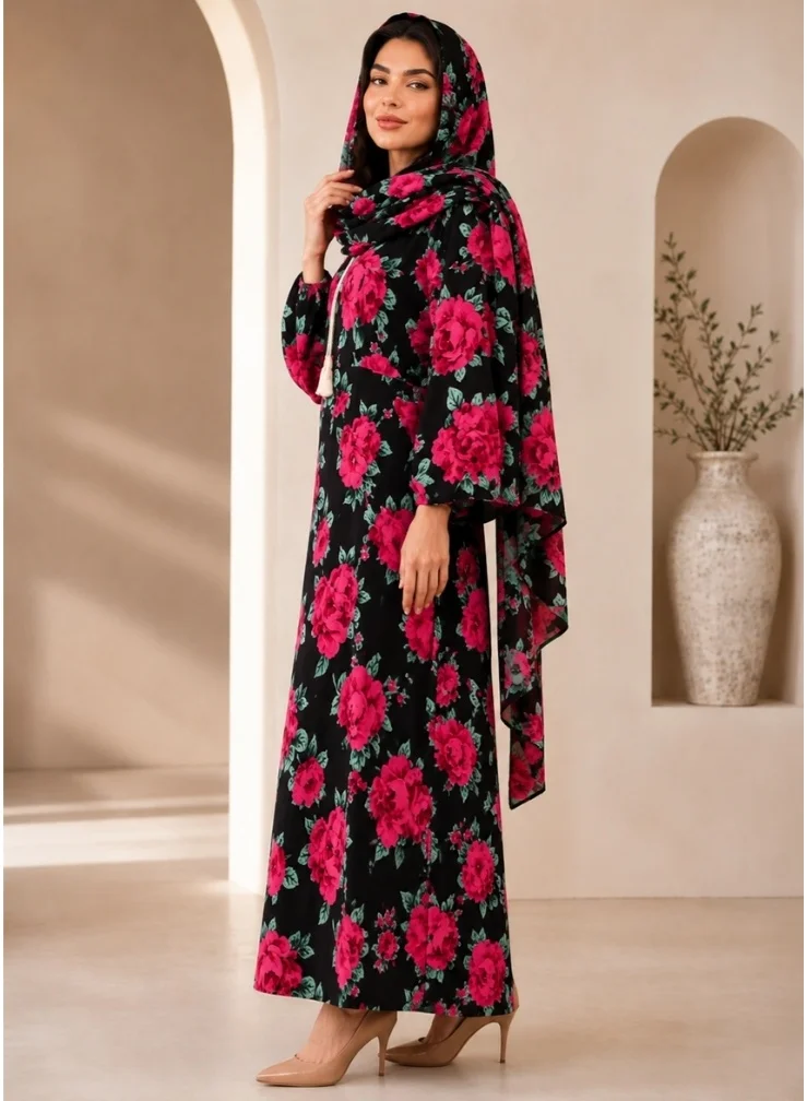 NinEx Jalabiya Floral Print Hooded with Matching Dupatta Elegant Modest Maxi Dress